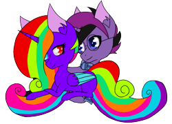 Size: 671x484 | Tagged: safe, artist:briar-firefly, oc, oc only, oc:amellia rose, oc:midnight coda, alicorn, pony, alicorn oc, clothes, cuddling, cute, heterochromia, rainbow hair, request, requested art, scarf, shipping, simple background, snuggling, transparent background