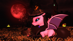 Size: 1920x1080 | Tagged: safe, artist:powdan, oc, oc only, oc:sweet pen, bat pony, pony, undead, vampire, vampony, 3d, blood moon, clothes, gmod, halloween, halloween costume, hat, moon, pumpkin, request, socks, solo, witch hat