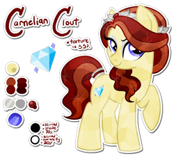 Size: 1010x906 | Tagged: safe, artist:tambelon, oc, oc only, oc:carnelian clout, crystal pony, pony, crown, eyeshadow, female, jewelry, makeup, mare, reference sheet, regalia, solo