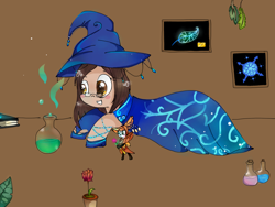 Size: 1024x768 | Tagged: safe, artist:pinkflutter, oc, oc only, oc:sorrel, oc:wizdiana, earth pony, pony, cloak, clothes, female, hat, mare, potion, prone, witch hat