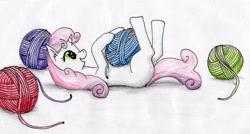 Size: 3257x1742 | Tagged: safe, artist:40kponyguy, derpibooru exclusive, sweetie belle, behaving like a cat, cute, diasweetes, happy, on back, simple background, solo, traditional art, yarn, yarn ball