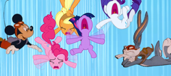 Size: 1400x622 | Tagged: safe, derpibooru import, edit, edited screencap, screencap, applejack, pinkie pie, rarity, twilight sparkle, earth pony, pony, unicorn, wonderbolts academy, bugs bunny, crossover, disney, falling, looney tunes, mickey mouse, screaming, sky, skydiving, warner brothers, who framed roger rabbit