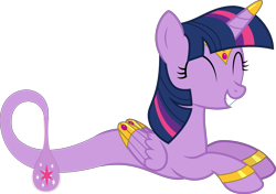 Size: 9081x6400 | Tagged: safe, artist:parclytaxel, twilight sparkle, twilight sparkle (alicorn), alicorn, genie pony, pony, .svg available, absurd resolution, ain't never had friends like us, armband, ask genie twilight, bottle, eyes closed, female, gem, genie, grin, headband, horn ring, jewelry, mare, prone, relaxing, simple background, smiling, solo, transparent background, vector, wing jewelry