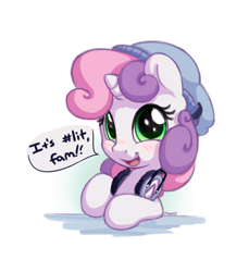 Size: 1100x1200 | Tagged: safe, artist:bobdude0, sweetie belle, pony, unicorn, beanie, blushing, cute, diasweetes, eye shimmer, fam, female, filly, happy, hashtag, hat, headphones, lit, looking at you, meme, simple background, smiling, solo, speech bubble, white background