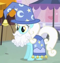 Size: 268x284 | Tagged: safe, screencap, serena, earth pony, pony, three's a crowd, background pony, bells, clothes, costume, cropped, fake beard, female, hat, mare, solo, star swirl the bearded costume, wizard hat