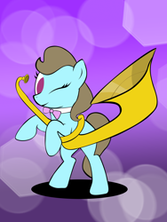 Size: 3000x4000 | Tagged: safe, artist:miragepotato, beauty brass, pony, bipedal, bowtie, empty eyes, looking at you, musical instrument, no catchlights, no pupils, one eye closed, purple background, rearing, shadow, simple background, smiling, solo, sousaphone, wink