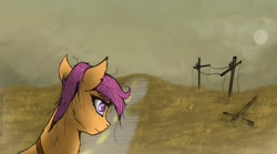 Size: 1218x677 | Tagged: safe, artist:tincantim, scootaloo, pegasus, pony, apocalypse, cloud, flying, happy, haze, in awe, solo