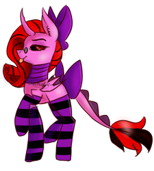 Size: 2165x2406 | Tagged: safe, artist:oreomonsterr, oc, oc only, oc:lilith (oreomonsterr), demon pony, bow, clothes, glasses, looking at you, socks, solo, striped socks, tongue out