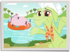 Size: 10000x7300 | Tagged: safe, artist:mpnoir, granny smith, pig, every little thing she does, .svg available, absurd resolution, inner tube, lake, photo, picture, shrug, vector