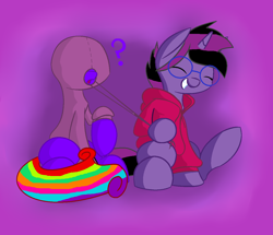 Size: 1196x1028 | Tagged: safe, artist:galaxypixies45, oc, oc only, oc:amellia rose, oc:midnight coda, alicorn, pony, alicorn oc, clothes, cute, glasses, hoodie, question mark, rainbow hair, request, requested art, shipping, smiling