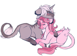 Size: 1500x1100 | Tagged: safe, artist:cinnamonsparx, oc, oc only, classical unicorn, pony, unicorn, blushing, cloven hooves, eyes closed, female, leonine tail, male, mare, prone, simple background, stallion, transparent background, unshorn fetlocks, wildling unicorn