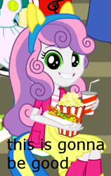 Size: 275x435 | Tagged: safe, edit, edited screencap, screencap, sweetie belle, equestria girls, friendship games, cropped, dis gon b gud, food, hot dog, image macro, meat, meme, popcorn, reaction image, sausage, soda, solo