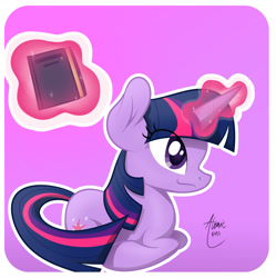 Size: 1569x1574 | Tagged: safe, artist:atomic8497, twilight sparkle, book, gradient background, magic, prone, solo