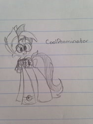 Size: 1024x1365 | Tagged: safe, artist:katelove77, oc, oc only, oc:midnight coda, clothes, cute, glasses, lined paper, request, requested art, scarf, sketch, solo, text, traditional art, vest, watch