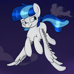 Size: 1000x1000 | Tagged: safe, artist:chibadeer, oc, oc only, oc:rainy, pegasus, pony, flying, lidded eyes, male, night, smiling, solo, stallion, wings