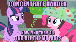 Size: 852x480 | Tagged: safe, derpibooru import, edit, edited screencap, screencap, pinkie pie, twilight sparkle, earth pony, pony, feeling pinkie keen, caption, image macro, meme, movie reference, purple text, x-men