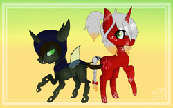 Size: 1716x1080 | Tagged: safe, artist:shizuka-kiyoko, oc, oc only, oc:crimson (ice1517), oc:espio, changeling, pony, unicorn, armor, changeling oc, face tattoo, female, male, mare, ponytail, raised hoof, tattoo