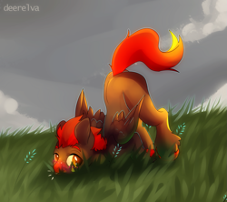 Size: 1253x1114 | Tagged: safe, artist:elvche, oc, oc only, pegasus, pony, face down ass up, grass, raspberry, solo, tongue out