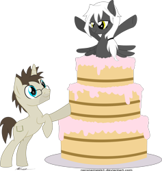 Size: 5359x5655 | Tagged: safe, artist:neronemesis1, oc, oc only, oc:blank novel, oc:captain white, pegasus, pony, unicorn, absurd resolution, cake, female, food, male, mare, pop out cake, simple background, stallion, transparent background, whitenovel