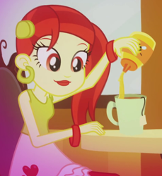 Size: 474x517 | Tagged: safe, screencap, rose heart, equestria girls, music to my ears, bracelet, cropped, cup, ear piercing, earring, heart, honey, jewelry, piercing, solo, table, teabag, teacup