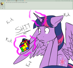 Size: 1024x952 | Tagged: safe, artist:yogfan, twilight sparkle, twilight sparkle (alicorn), alicorn, pony, ask, deviantart, hilarious in hindsight, magic, rubik's cube, simple background, solo, telekinesis, transparent background, vulgar