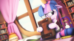 Size: 3840x2159 | Tagged: safe, artist:selestlight, sci-twi, twilight sparkle, 3d, alternate hairstyle, book, bookhorse, bookshelf, cookie, cookie jar, cute, food, glasses, hourglass, ponified, solo, source filmmaker, window