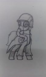 Size: 2496x4160 | Tagged: safe, artist:soulfulmirror, pony, absurd resolution, clothes, coat, gas mask, head turn, helmet, mask, monochrome, pencil drawing, post-apocalyptic, s.t.a.l.k.e.r., solo, traditional art