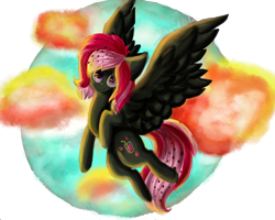 Size: 1280x1024 | Tagged: safe, artist:derpiak012, oc, oc only, oc:strawberry soda, pegasus, pony, female, flying, mare, solo, spread wings