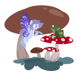 Size: 1024x995 | Tagged: safe, artist:cinna-swirl, oc, oc only, frog, base used, fairy, flying, lineless, looking at each other, mushroom, open mouth, simple background, smiling, spread wings, transparent background