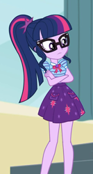 Size: 526x984 | Tagged: safe, screencap, sci-twi, twilight sparkle, better together, equestria girls, overpowered (equestria girls), clothes, crossed arms, geode of telekinesis, glasses, legs, magical geodes, ponytail, ribbon, skirt, solo