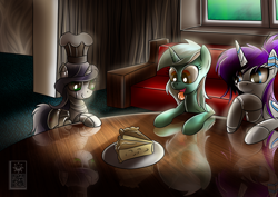 Size: 1500x1062 | Tagged: safe, artist:elmutanto, lyra heartstrings, sweetie belle, sweetie bot, oc, oc:raribot, pony, robot, robot pony, unicorn, baking, cake, cheesecake, female, filly, foal, food, hooves, horn, mare, pie, raribot, sister-in-law, sisters, smiling, stable, tongue out, trio, trio female, window