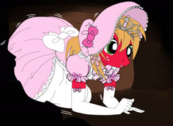 Size: 2500x1821 | Tagged: safe, artist:avchonline, big macintosh, anthro, alice in wonderland, bonnet, bow, clothes, crawling, crossdressing, dress, evening gloves, gloves, jewelry, lace, male, pinafore, rabbit hole, ribbon, sissy, solo, tiara