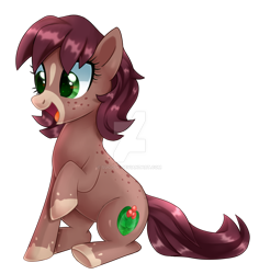 Size: 1280x1355 | Tagged: safe, artist:sugguk, oc, oc only, earth pony, pony, adoptable, body freckles, cute, female, freckles, happy, mare, ocbetes, open mouth, raised hoof, simple background, sitting, smiling, solo, transparent background, underhoof, watermark