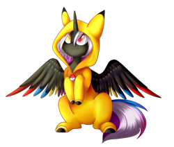 Size: 1700x1440 | Tagged: safe, artist:despotshy, oc, oc only, oc:flaming rainbow, alicorn, pikachu, pony, clothes, colored wings, costume, female, heterochromia, kigurumi, mare, multicolored wings, pokéball, pokémon, simple background, sitting, solo, transparent background