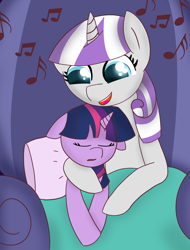 Size: 3458x4562 | Tagged: safe, artist:skyflys, twilight sparkle, twilight velvet, colored pupils, cute, female, filly, filly twilight sparkle, lullaby, mother and child, mother and daughter, parent and child, sleeping, twiabetes, younger