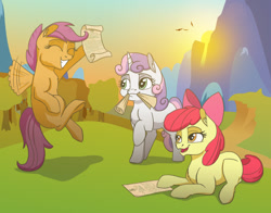 Size: 1082x850 | Tagged: safe, artist:taneysha, apple bloom, scootaloo, sweetie belle, bird, owl, pegasus, pony, unicorn, blank flank, bow, crossover, cutie mark crusaders, eyes closed, female, flying, grin, hair bow, harry potter, hoof hold, hooves, horn, letter, mouth hold, open mouth, prone, raised hoof, smiling, spread wings, wings