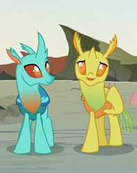 Size: 700x883 | Tagged: safe, screencap, clypeus, cornicle, changedling, changeling, to change a changeling, background changeling, cropped, duo, raised hoof, smiling