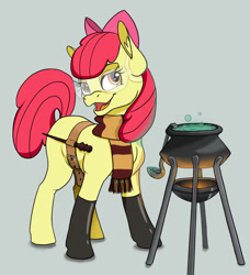 Size: 1050x1150 | Tagged: safe, artist:taneysha, apple bloom, cauldron, clothes, crossover, gryffindor, harry potter, latex socks, potion making, safety goggles, scarf, socks, solo, wand