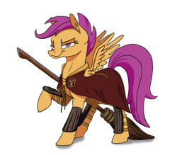 Size: 800x700 | Tagged: safe, artist:taneysha, scootaloo, broom, cape, clothes, crossover, gryffindor, harry potter, quidditch, simple background, solo, white background