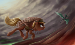 Size: 5000x3000 | Tagged: safe, artist:deltauraart, oc, oc only, oc:calamity, pegasus, pony, fallout equestria, absurd resolution, cloud, cloudy, combat, dogfight, flying, gun, hat, saddle bag, sky, weapon