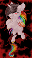 Size: 2834x5102 | Tagged: safe, artist:schokocream, oc, oc only, oc:lightning bliss, alicorn, bat pony, pony, alicorn oc, bat ponified, bat pony oc, female, high res, mare, race swap, rainbow hair, solo, species swap