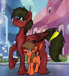 Size: 2513x2775 | Tagged: safe, artist:euspuche, oc, oc only, oc:cloud rider, oc:solar chaser, crystal pony, pegasus, pony, between legs, crystal empire, father and child, father and daughter, female, filly, looking at each other, male, parent and child, parent:oc:cloud rider