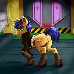 Size: 2000x2000 | Tagged: safe, artist:xrei, oc, oc only, oc:meteor shower, earth pony, pony, alternate universe, boots, castle of the royal pony sisters, clothes, cutie mark, dark, ear fluff, featureless crotch, future, jacket, leather jacket, male, shoes, short hair, stallion