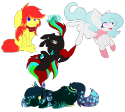 Size: 5000x4500 | Tagged: safe, artist:crazllana, oc, oc only, oc:ayva, oc:jessicsa, oc:nova, alicorn, pegasus, pony, unicorn, absurd resolution, clothes, female, mare, prone, scarf, simple background, transparent background