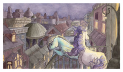 Size: 3150x1850 | Tagged: safe, artist:lady-limule, oc, oc only, oc:heavenly aster, oc:raven dusk, balcony, city, duo, night, scenery, traditional art