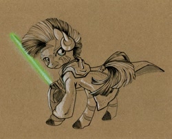 Size: 742x600 | Tagged: safe, artist:maytee, zecora, zebra, clothes, crossover, female, frown, glare, hoof hold, jedi, lightsaber, looking back, mare, raised hoof, sepia, simple background, solo, star wars, traditional art, weapon, yoda, yodacora