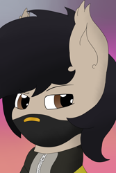 Size: 1000x1500 | Tagged: safe, artist:feelingpandy, derpibooru import, oc, oc only, oc:tsuki, bat pony, brown eyes, bust, clothes, face mask, fortnite, gradient background, looking away, male, mask, raised eyebrow, solo