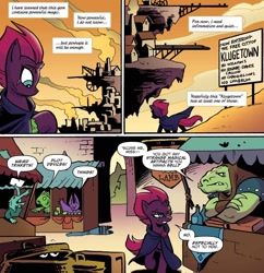 Size: 1238x1280 | Tagged: safe, artist:andypriceart, idw, tempest shadow, pony, my little pony: the movie, my little pony: the movie prequel, spoiler:comic, spoiler:comic mlp movie prequel, spoiler:my little pony movie prequel, broken horn, cloak, clothes, comic, eye scar, female, horn, klugetown, mare, market, misfortune malachite, official comic, scar, speech bubble