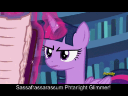 Size: 640x480 | Tagged: safe, screencap, twilight sparkle, twilight sparkle (alicorn), alicorn, pony, fame and misfortune, animated, book, bookshelf, caption, discovery family logo, friendship journal, gif, gif with captions, glowing horn, magic, muttley, solo, telekinesis, wacky races