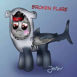 Size: 800x800 | Tagged: safe, artist:jesterpi, derpibooru import, oc, oc:broken flare, dracony, hybrid, shark, abstract background, blue background, clothes, cosplay, costume, cute, outfit, red eyes, shading, simple background, underwater, wings, ych result